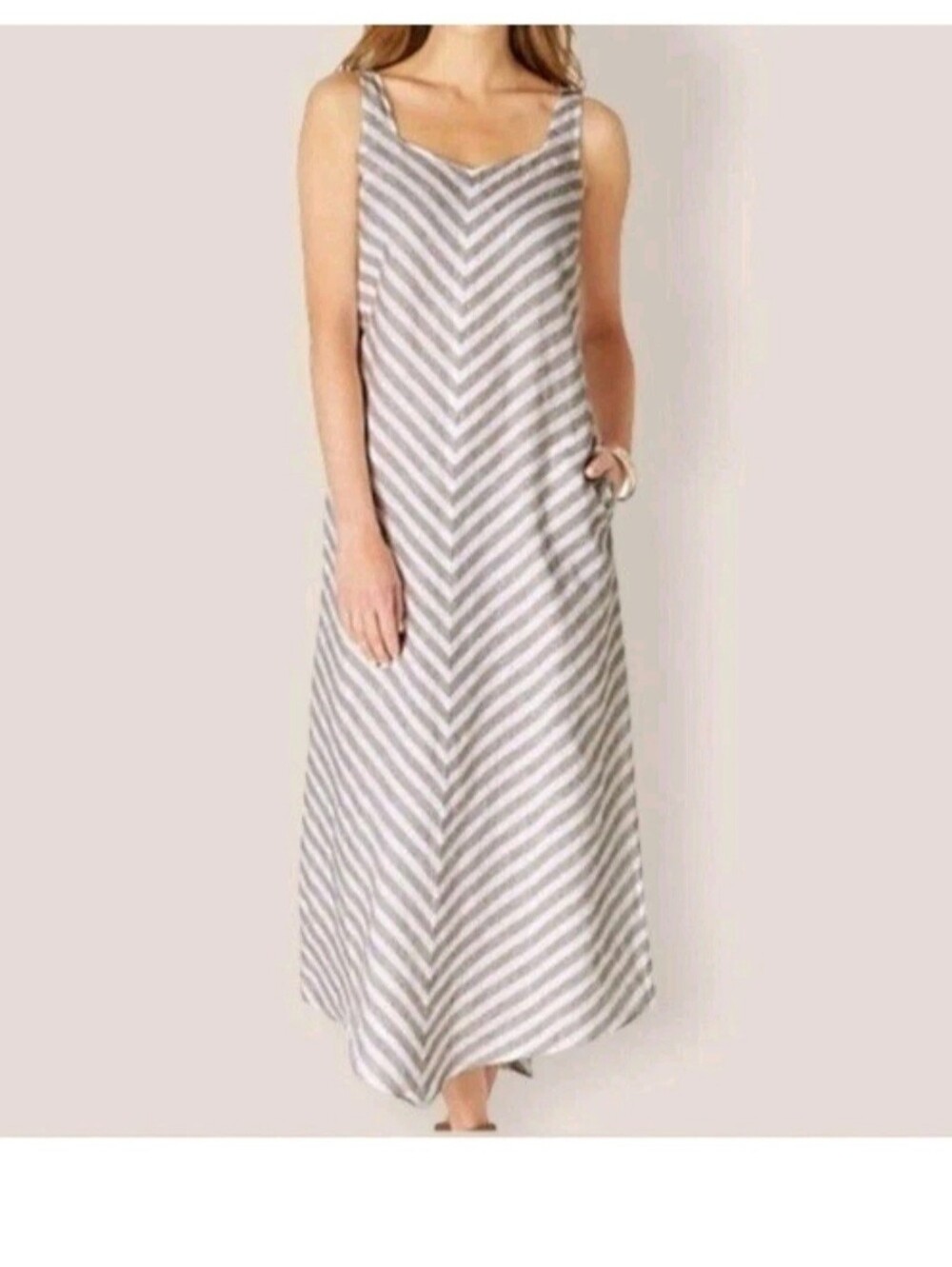 J. Jill Love Linen Maxi Dress Women's Small Sleeveless Beechnut Chevron Pockets